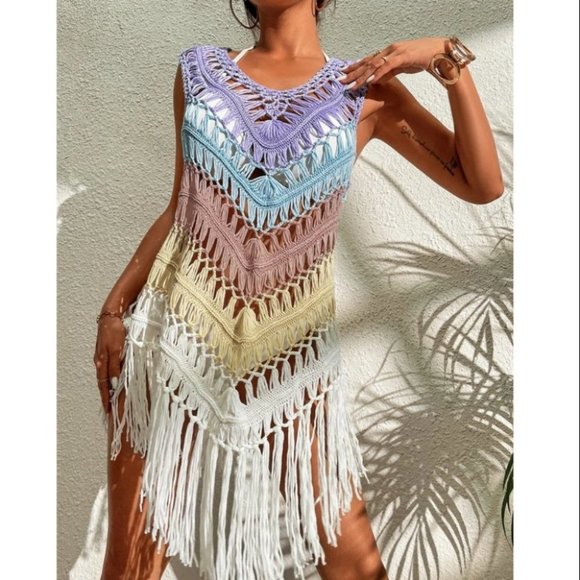 Multi Color Stitched Crochet Fringe Detailed Top Bikini Coverup - Picture 3 of 9